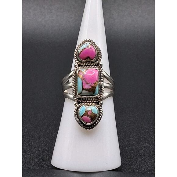 3 Stone Cotton Candy Turquoise Ring, size 7, 925 SS, SW/Native American Style - Picture 1 of 8